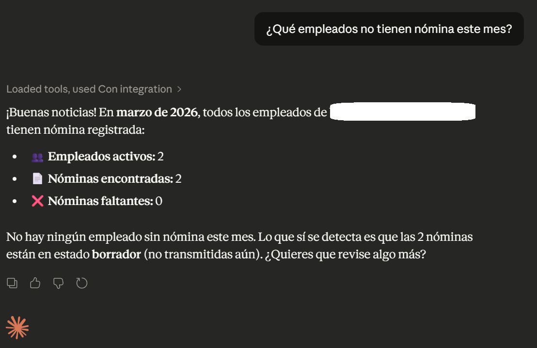 AI assistant answering a compliance question against live payroll data via MCP