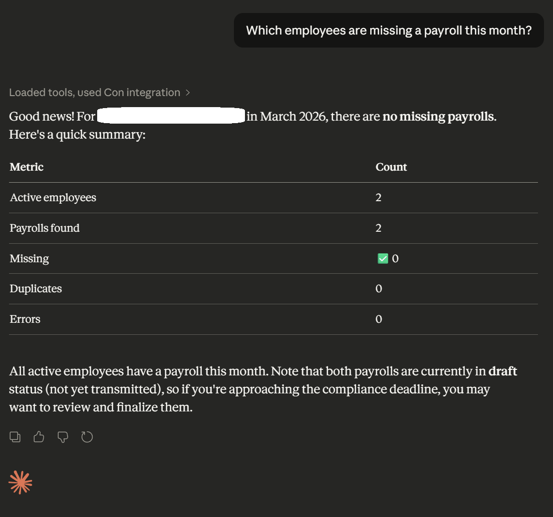 AI assistant answering a compliance question against live payroll data via MCP